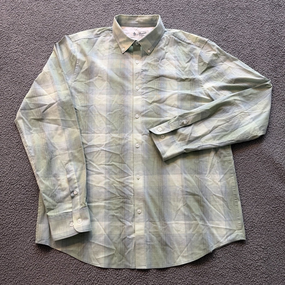 Original Penguin Green Plaid Long Sleeve Button Down Shirt Men's Large Casual